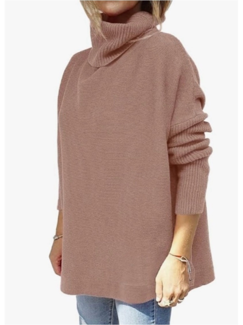 Ribbed Neutral Brown Relaxed Turtleneck Sweater M Oversized Cozy Hygge Boho Chic